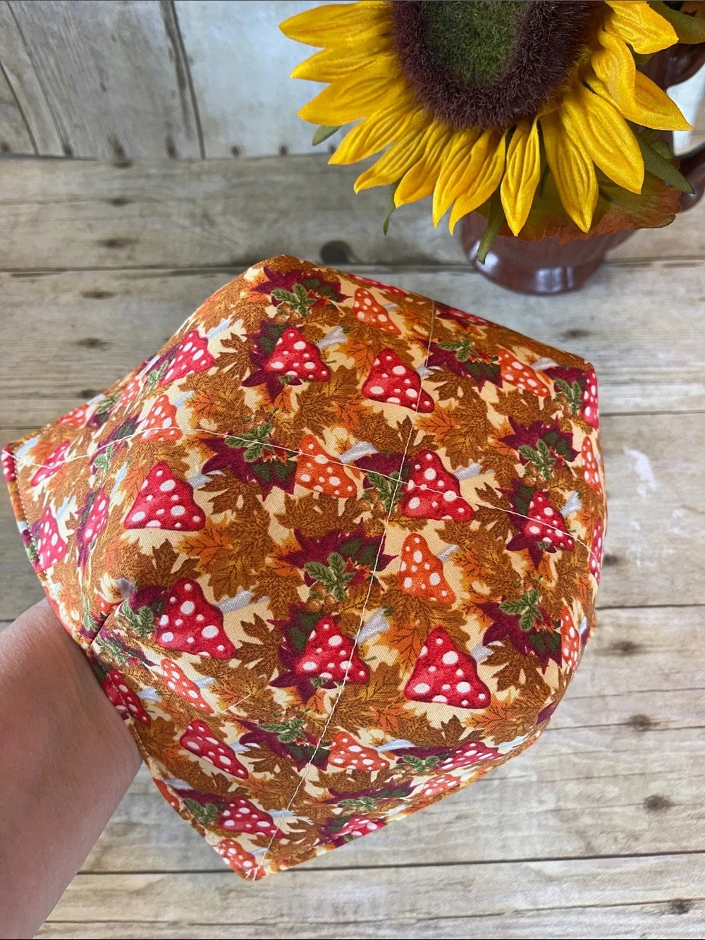 Microwave Bowl Cozy Fabric Bowl Fall/Autumn Mushrooms/Plaid Orange Brown Red